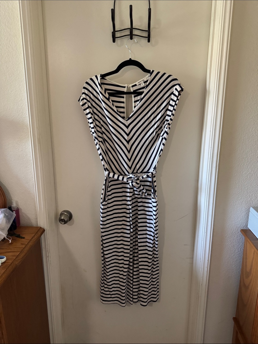 Monteau Black & White Striped V-Neck Jumpsuit with Tie Waist